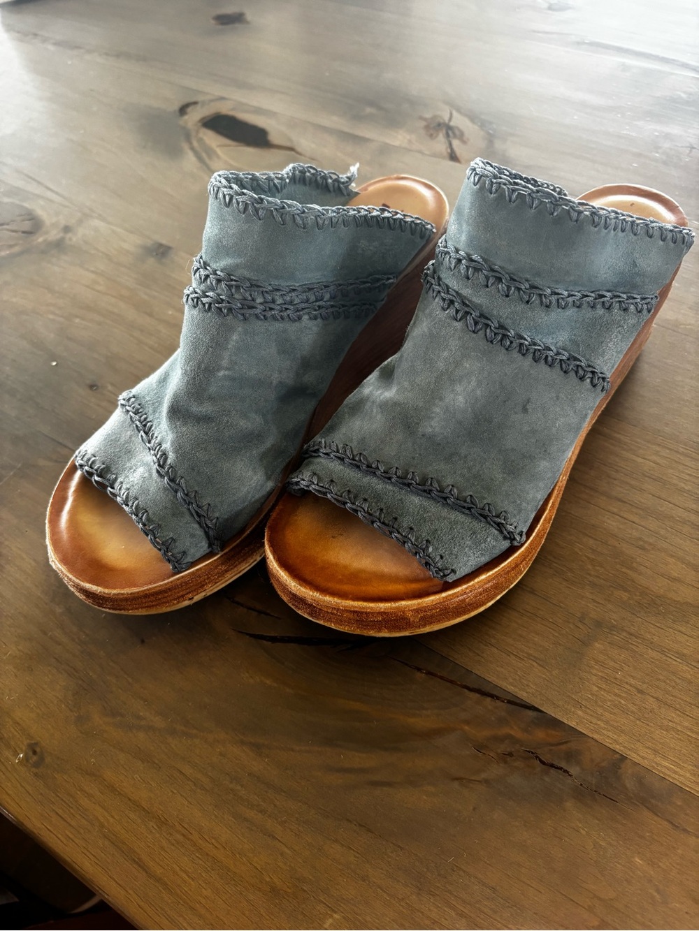A.S.98 Blue Suede Open-Toe Wedge Sandals with Brown Wood Platform
